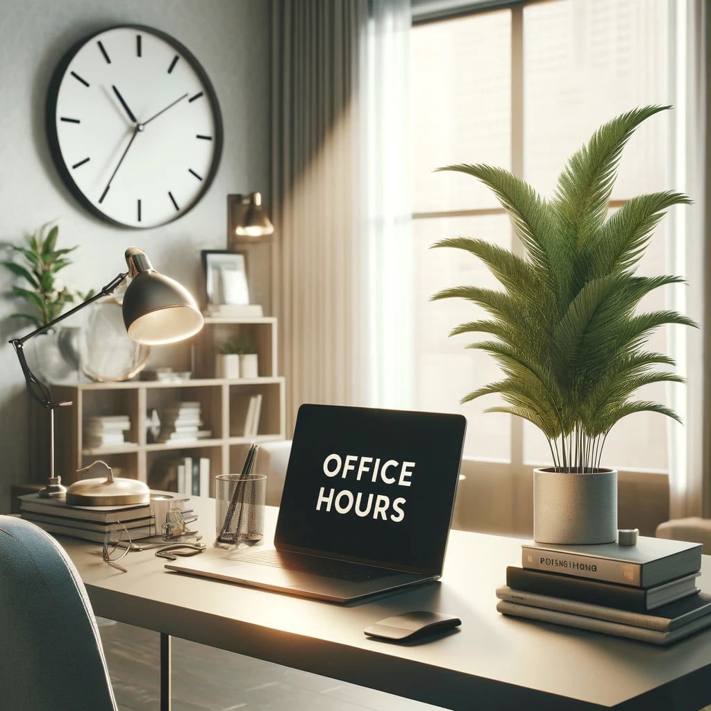 DALL·E 2024 05 17 11.46.55 A cozy modern office setup depicting office hours. The scene includes a sleek desk with a high tech laptop stacks of books and a digital clock show copy